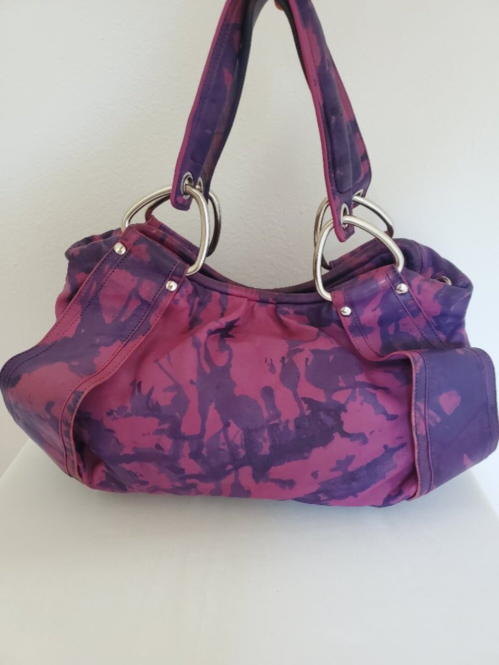 Kooba Leather Purse Hobo Handbag purple navy blue fuscia pink painted tie dyed - Picture 2 of 16